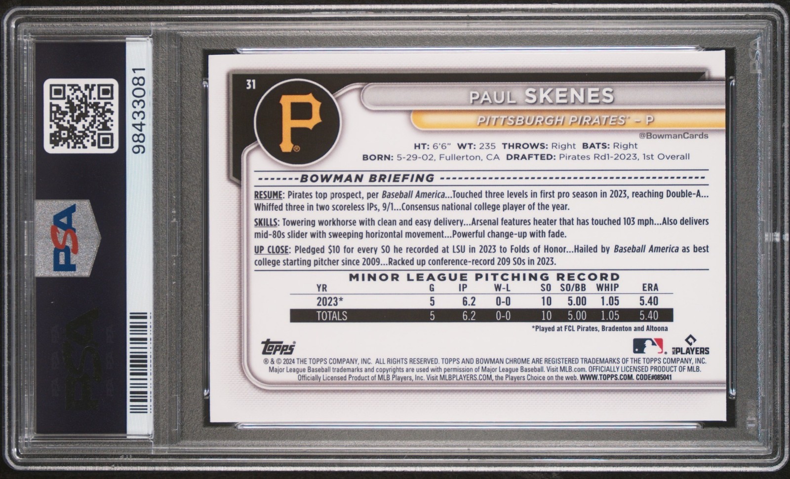2024 Bowman Chrome Paul Skenes #31 RC Pirates PSA 10 Rookie Card view 2