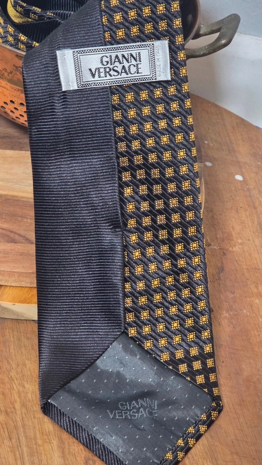 Gianni Versace Vintage Silk Tie Black Gold Medusa Head Geometric Checkerboard image 5