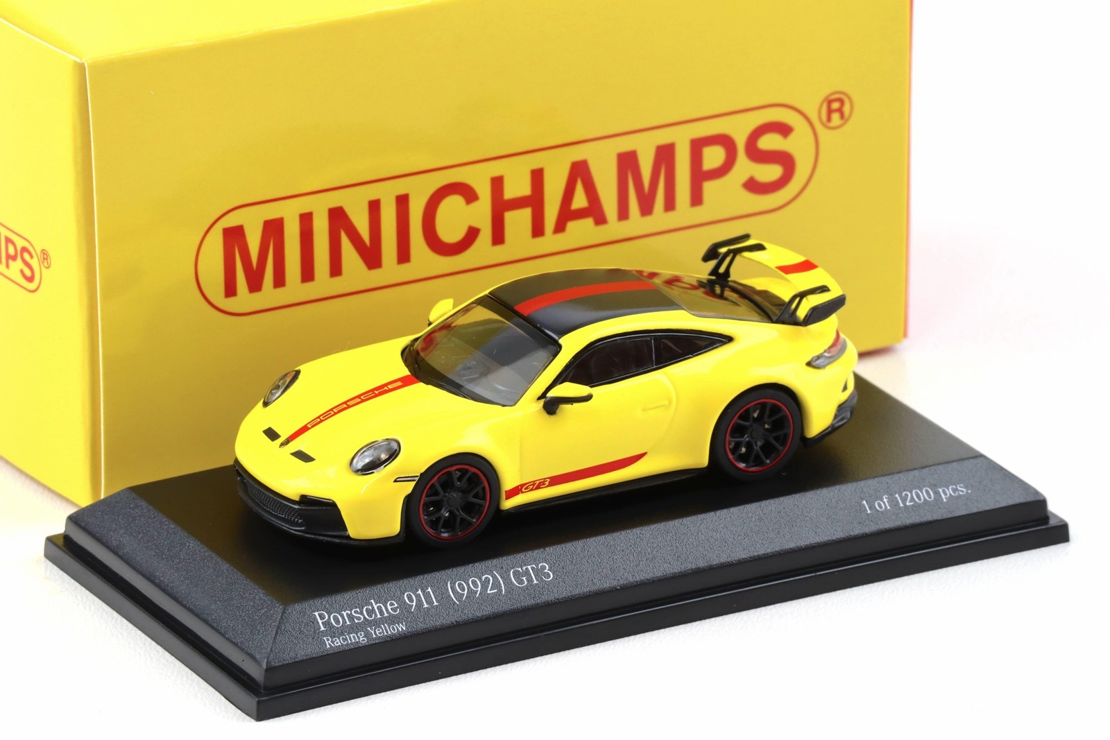 1:64 Minichamps Porsche 911 992 GT3 Coupe Racing Yellow/Red Stripes