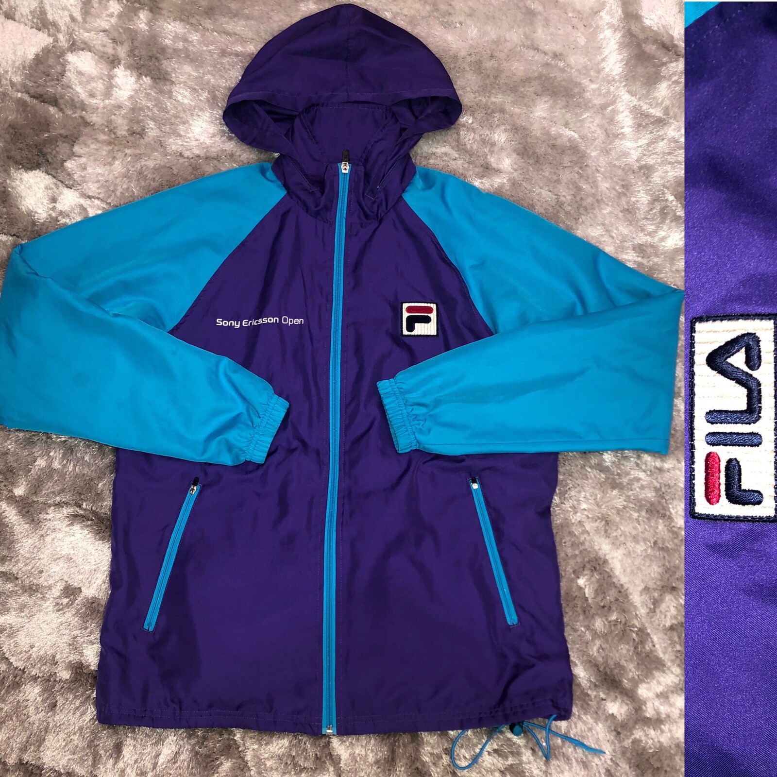 FILA Sony Ericsson Open Tenis Purple Hooded Adjustable Windbreaker Jacket Small