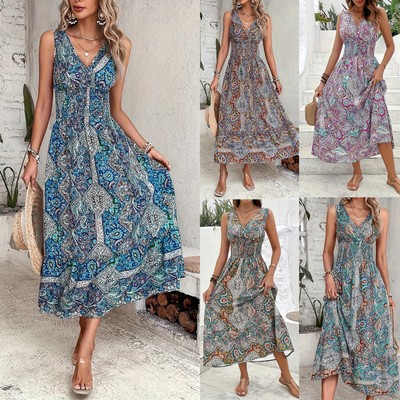 Women Floral Sexy Backless Evening Party Beach Long Maxi Dresses Boho Sundress