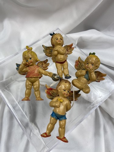 Vintage Set Of 4 Italian Hanging Cherub Angel Christmas Ornaments