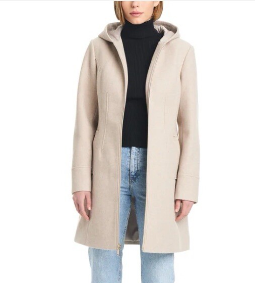 Vince Camuto hooded faux wool women's zip Jacket Mid length Tan Sz