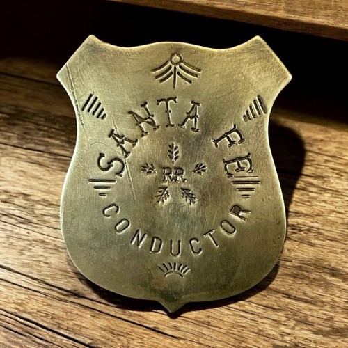 Old West Badge Insignia SANTA FE Train Conductor Vintage patine silver finish