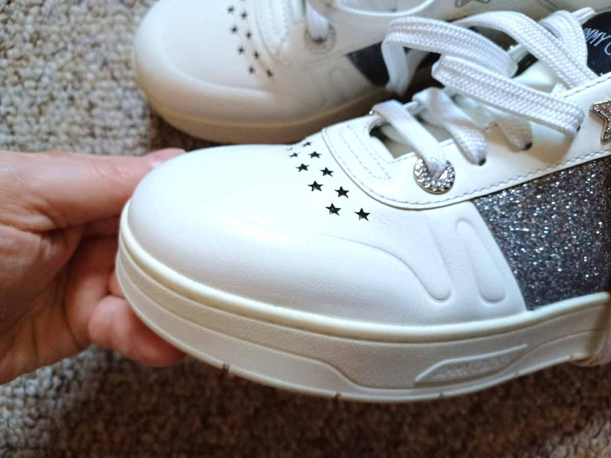 Jimmy Choo Hawaii Leather Lace-Up Sneakers White/Silver Glitter Sz