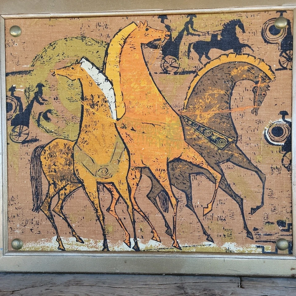 Linho etrusco MCM cavalos grego romano brutalista ouro marrom têxtil parede anos 60  - Imagem 3 de 4