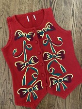 Vtg Over The Top Crazy Busy Ugly Christmas Sweater Vest Gold Bows M