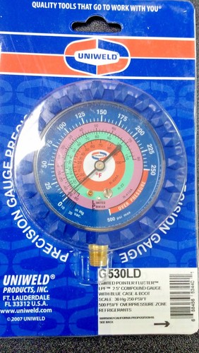 Gauge, Refrigeration, R22, R410a, R404a -30 to 500, BLUE, LOW SIDE, 2.5"