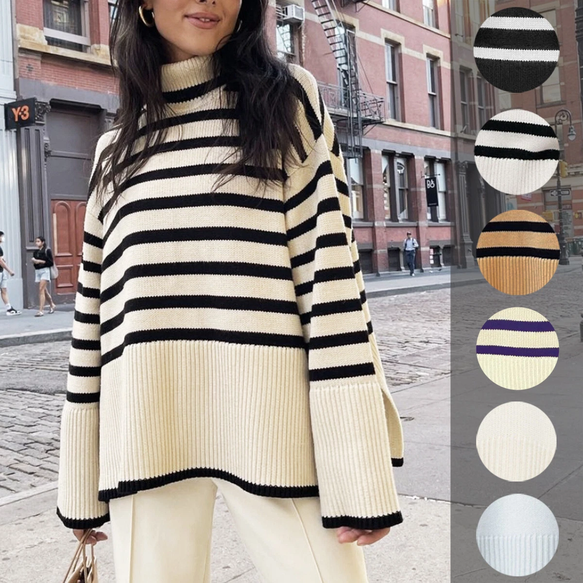 Striped turtleneck on sale sweater women's