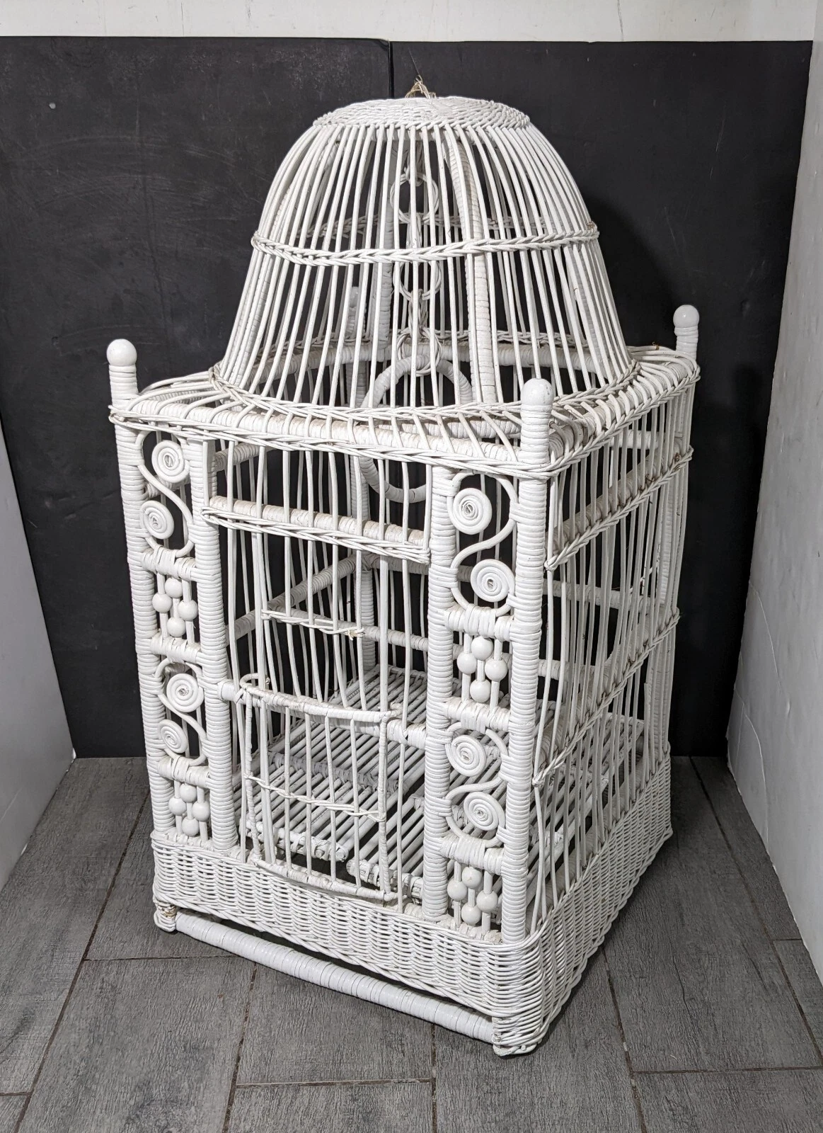 Vintage Victorian Shabby Boho Chic White Peacock Wicker Bird Cage Bird House
