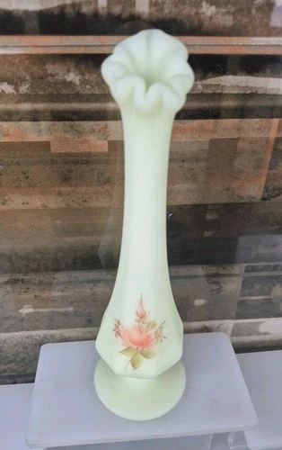 Vtg Fenton Uranium Bud Vase Custard Glass Swung Glows Hand Painted Signed