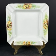 Vintage 1960s ceramic Ashtray Hand Painted Floral. Square 7x7x1 Inch Mid-Century