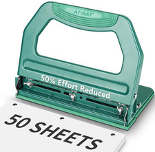 Heavy Duty 3-Hole Punch, 9/32" Holes, 50 Sheets, Reduced Effort, Metal, Green
