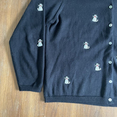 Susan Bristol L Petite Sweater Cardigan Beaded Cats Black White - Picture 3 of 12