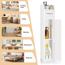 Bathroom Floor Cabinet with Louvered Door, Slim Bathroom Storage Unit, White