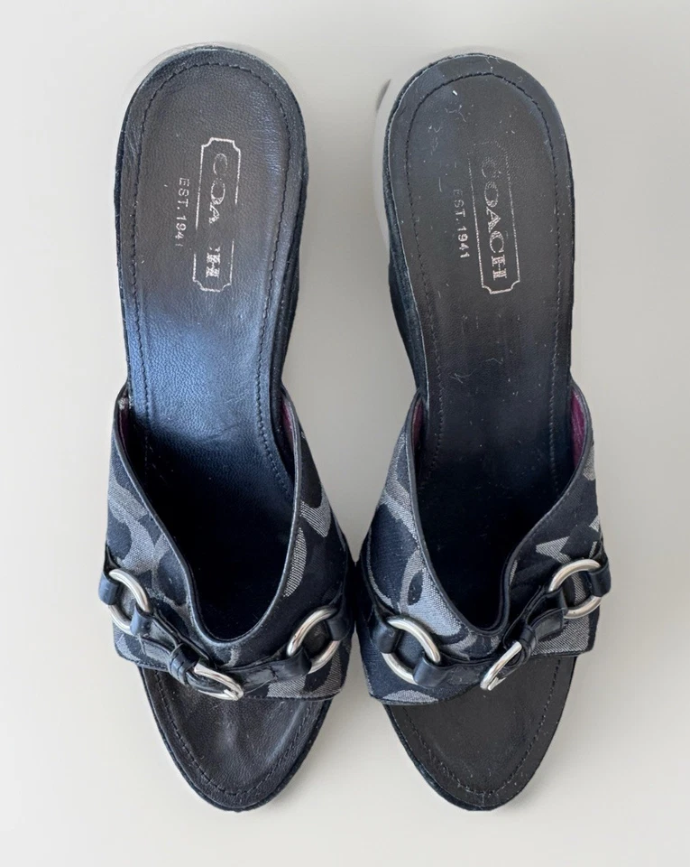 Vintage 90s Y2K COACH Chrissie Velour Wedge Platform Heels Sandals Monogram 9 - Image 3 of 4