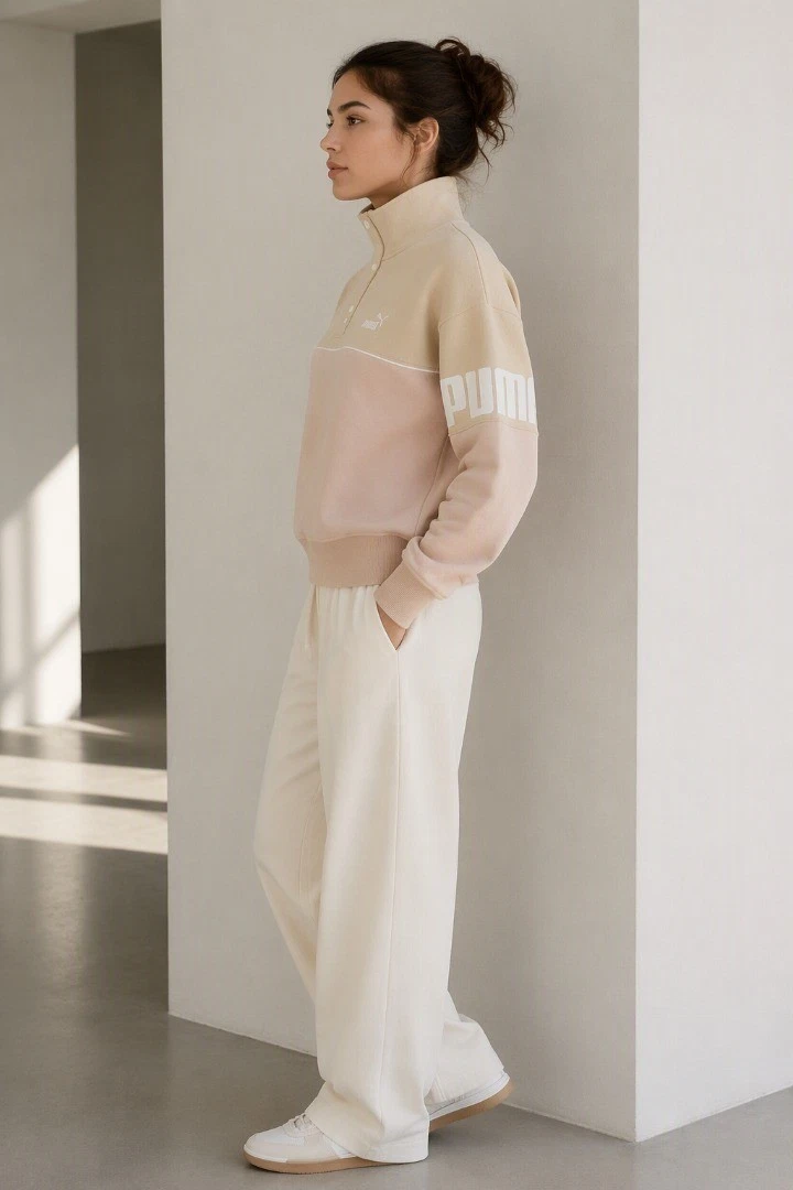 PUMA Women's Power Colourblock Crew Neck Sweatshirt Light Sand Size S BNWT