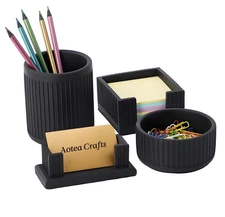 Set of 4 - Concrete Desk Accessories For Modern, Industrial, Minimalist Offic...