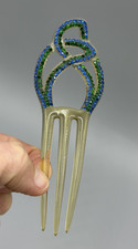 Antique ART DECO Blue  Green Rhinestone HAIRCOMB Celluloid Hair Comb Ornament