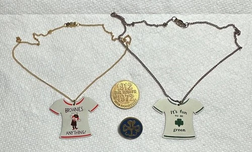 1912-1972 Girl Scouts Gold Tone Coin 60th Anniversary + Brownies Shirt Necklace