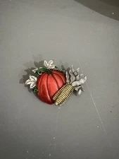 "JJ" Jonette Jewelry Silver Pewter AUTUMN 'Pumpkin & Ear of Corn' Pin