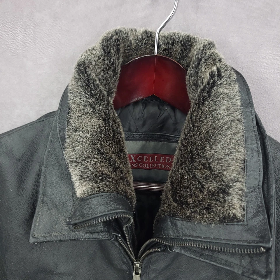 Excelled Jacket Mens XL Black Leather Full Zip Faux Fur Lined Moto Bomber Vtg - Image 4 of 4