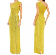 Mac Duggal NWT Sequined Ruched One Shoulder Sheath Gown Size 6 Yellow Shimmer