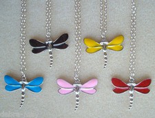 Pretty Coloured Enamel Dragonfly Pendant 24" Silver Chain Necklace in Gift Bag