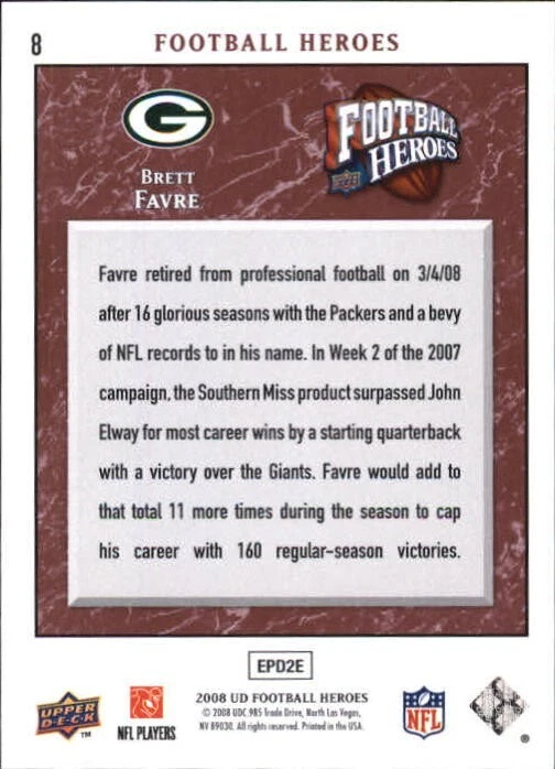 Brett Favre- Green Bay Packers- 2008 Upper Deck Football Heroes #8 - Image 2 of 2