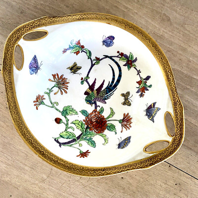 Antique Pickard Etched China BIRD OF PARADISE Bowl Gold Band Rim Cut Out Handles