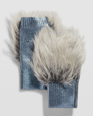 $55 Jocelyn Womens Blue Gray Fade-Out Fingerless Metallic Fur Mittens One Size