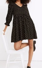 Madewell Lucie v-neck, smocked, black, mini dress in oval dot w/ 3/4 sleeve - S