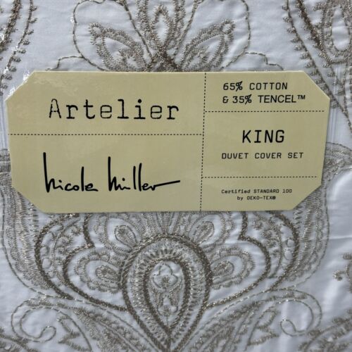 3pc Nicole Miller Artelier Gold Embroidered Medallion KING Duvet Cover Sham Set - Picture 3 of 10