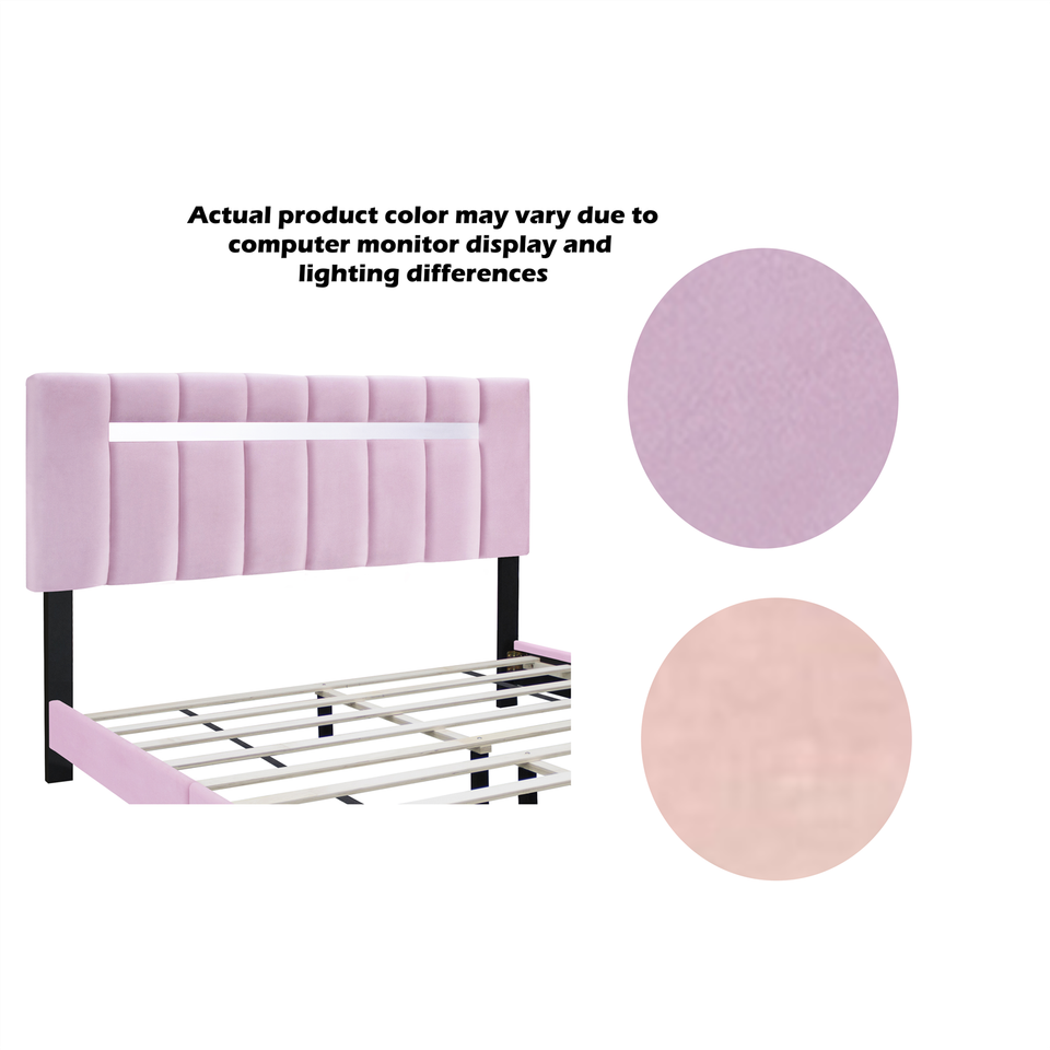 Queen Size Upholstered Platform Bed Frame with Headboard Pink/Green