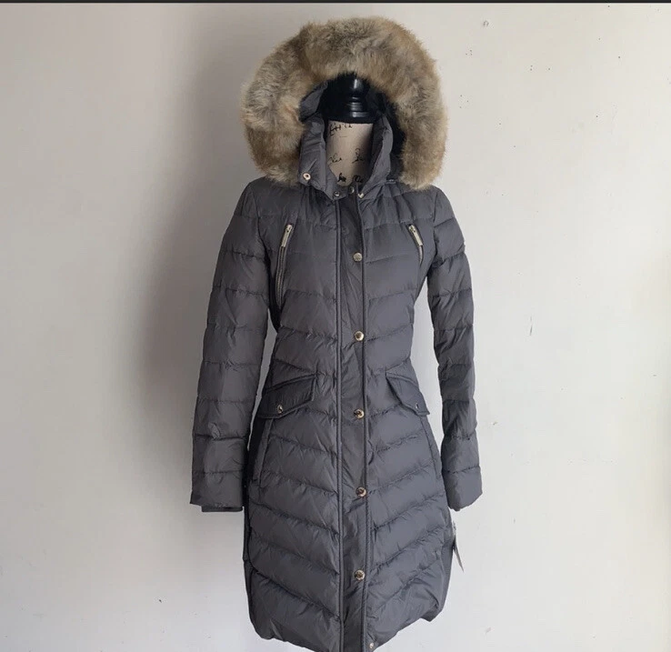 MICHAEL Michael Kors 法兰绒灰色人造毛皮连帽羽绒外套 XS 码全新带标签 — 第 3/4 张图片