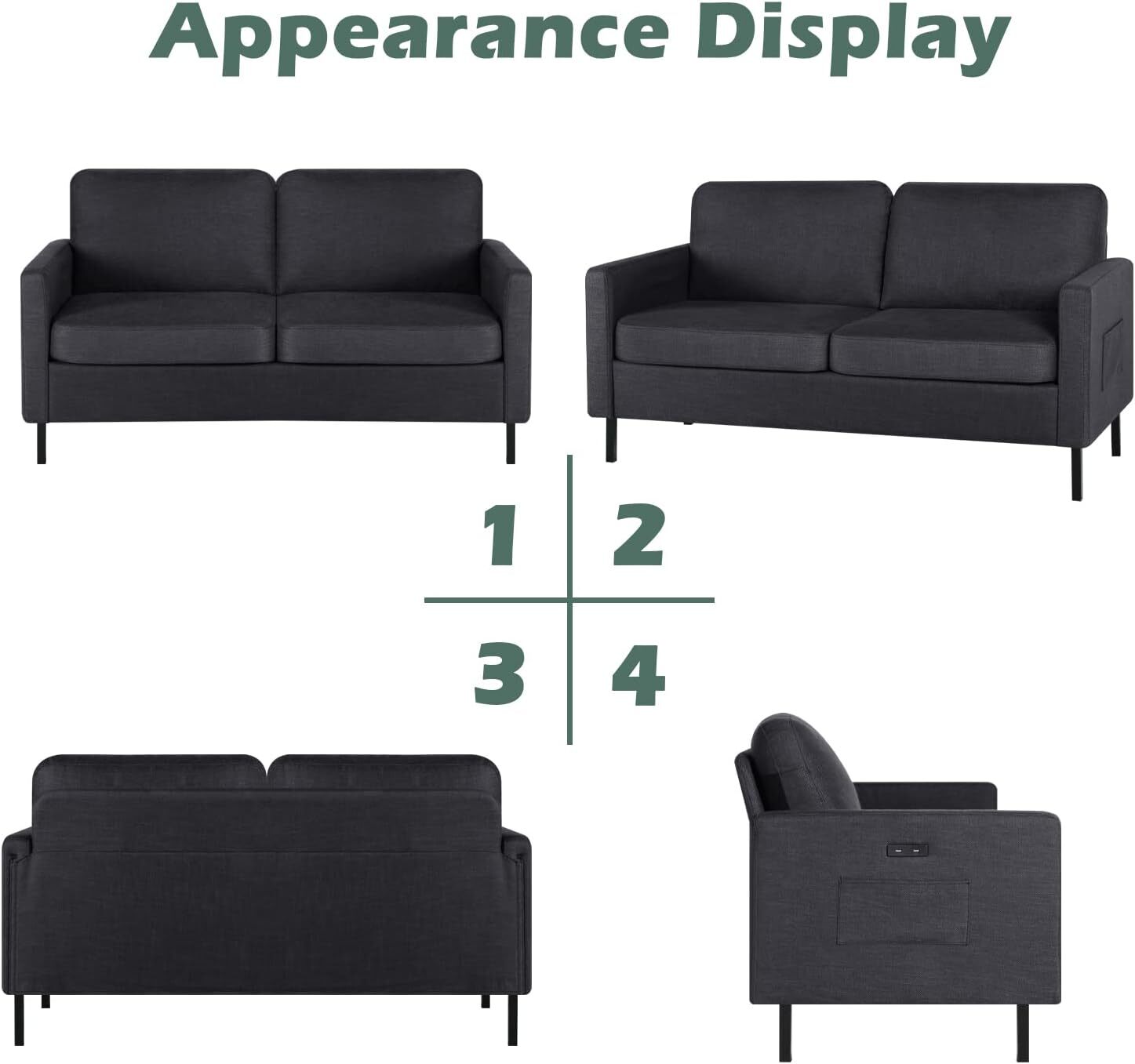 56" W Fabric Loveseat Sofa with 2 USB, Small Couches for Living Room