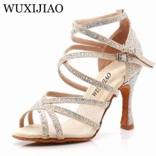 Woman Silk Satin Latin Dancing Shoes Glitter Rhinestone Professional Dance Shoes