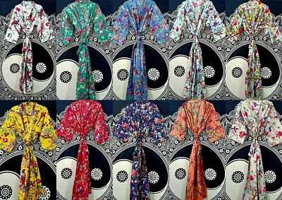 Kimono Abito Da Notte In Cotone Indiano – Lungo, Stampa Uccellino, Vestaglia Donna – Fatto A Mano