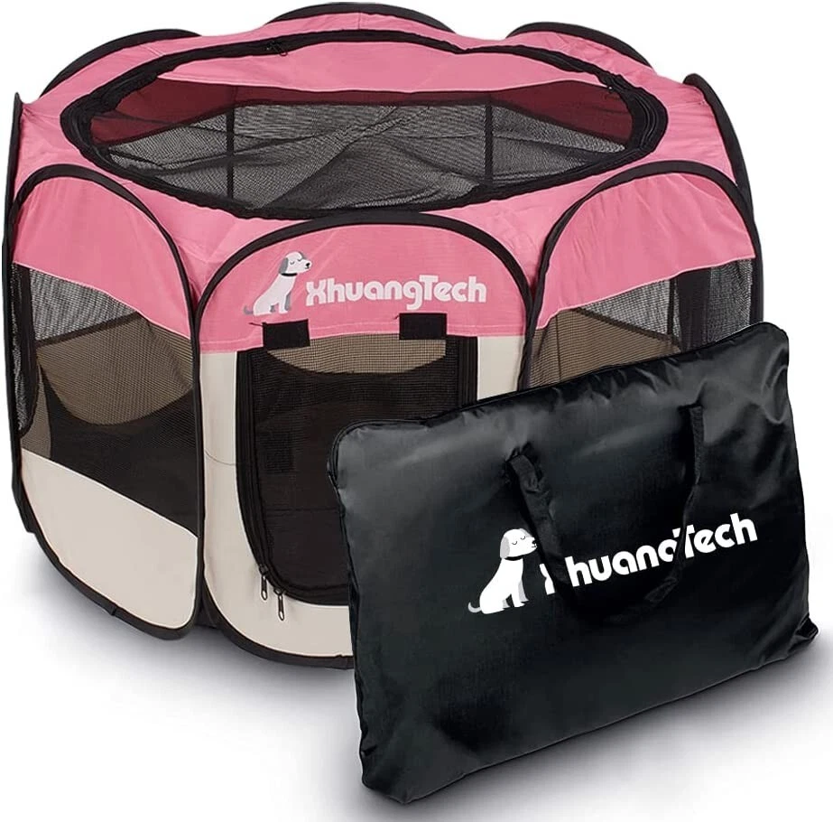 Fabric Portable Foldable Dog Cat Puppy Playpen Pink Beige