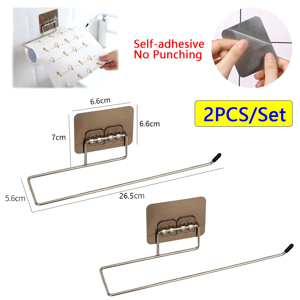2PCS Stick-On Kitchen Paper Towel Holder and Tissue Dispenser Rack  
