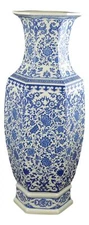 Festcool 24" Classic Blue and White Hexagonal Lotus Porcelain Vase, Ceramic V...