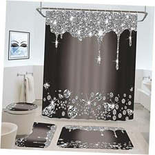 4 Pcs Glitter Diamond Shower Curtain Sets Silver Shiny Drips Bath Decor Black