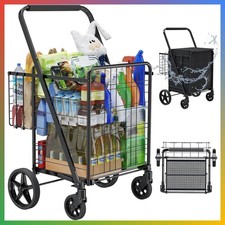 Folding Shopping Cart with Waterproof Bag, Double Basket Grocery Cart