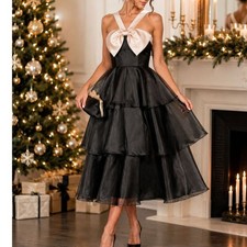 Lulus Black Organza Tiered Midi Dress Cream Bow Coquette Formal M Balletcore