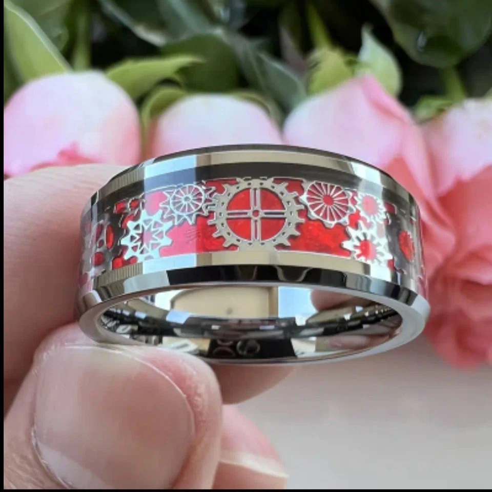 Anel de engrenagem masculino exclusivo aço inoxidável titânio prata/vermelho tamanhos (10) - Imagem 2 de 2