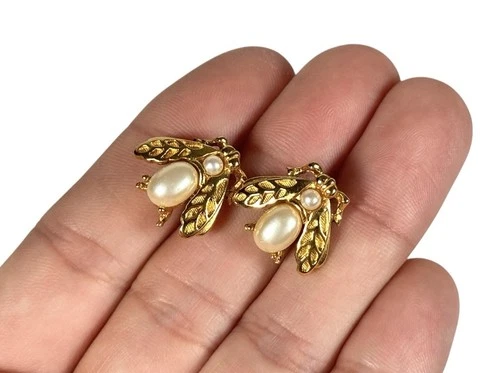 Vintage TRIFARI Earrings BEE Faux Pearl & Gold Tone Insect Bug Retro Jewelry