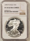 1999-P PROOF $1 AMERICAN SILVER EAGLE, 1 OZ .999 – NGC PF-70 ULTRA CAMEO