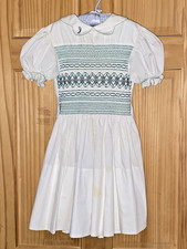 VTG Handmade Girls 6/7 25" Chest White With Green Smocked Dress Puffy SS Collar