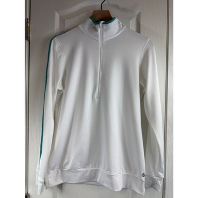 LIJA Women's Long Sleeve 1/4 Zip Pullover Top White Teal Golf Activewear Size L 