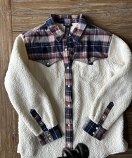 Wrangler Women s White Plaid Retro Shacket Sherpa Jacket Pearl Snap- Medium